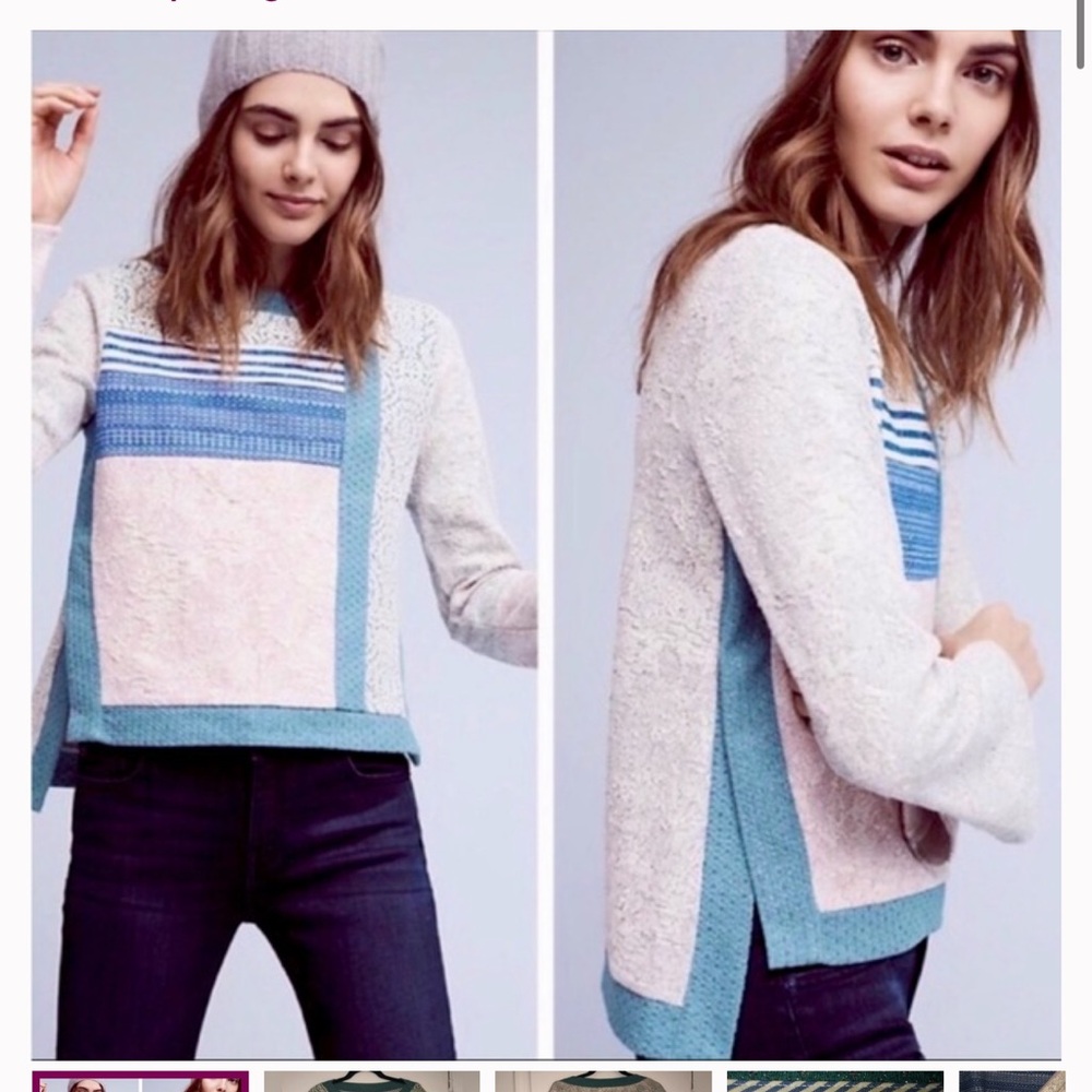 Anthropologie Postcard Open Snap Sides Pastel Patchwork Boho Sweater Size Medium - Picture 2 of 12